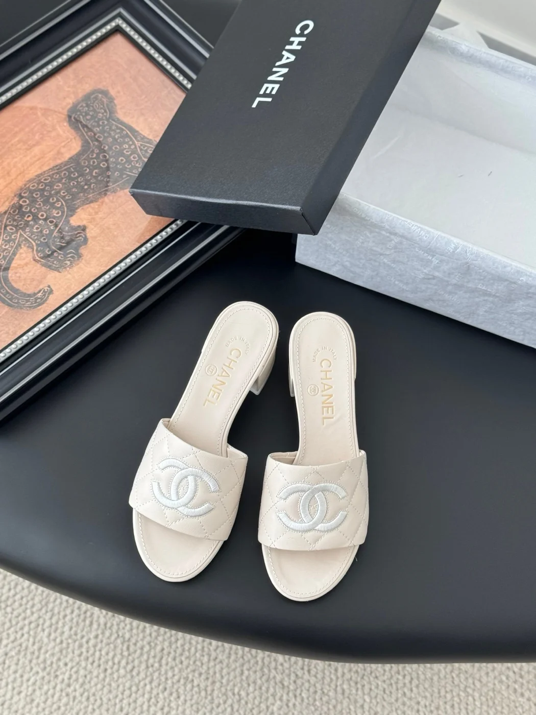 Chanel Women Ivory Quilted Leather Mules — Tonal CC Detail product view 1