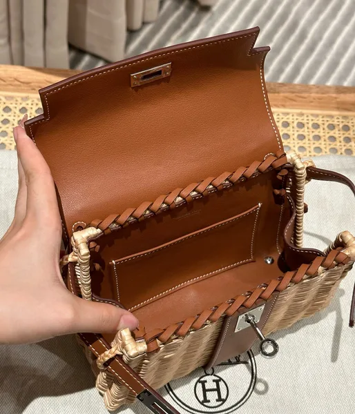 Hermès Kelly Picnic Handbag In Brown & Natural Leather And Wicker Silver Hardware product view 4