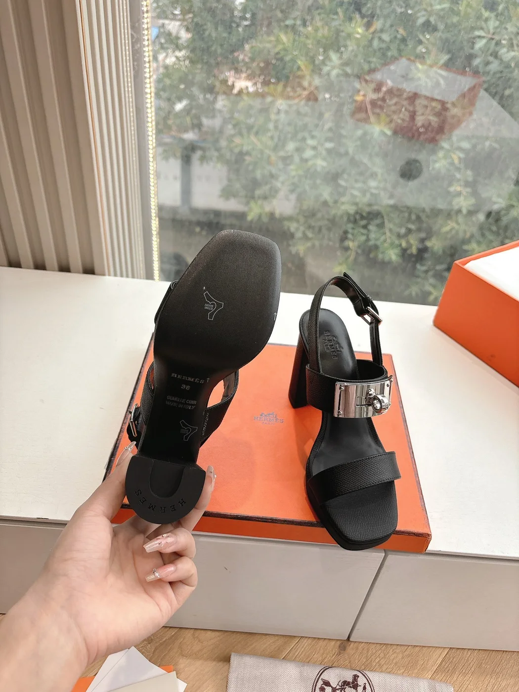 Hermès Women Black Leather Sandals — Wide-Strap Slingback product view 6
