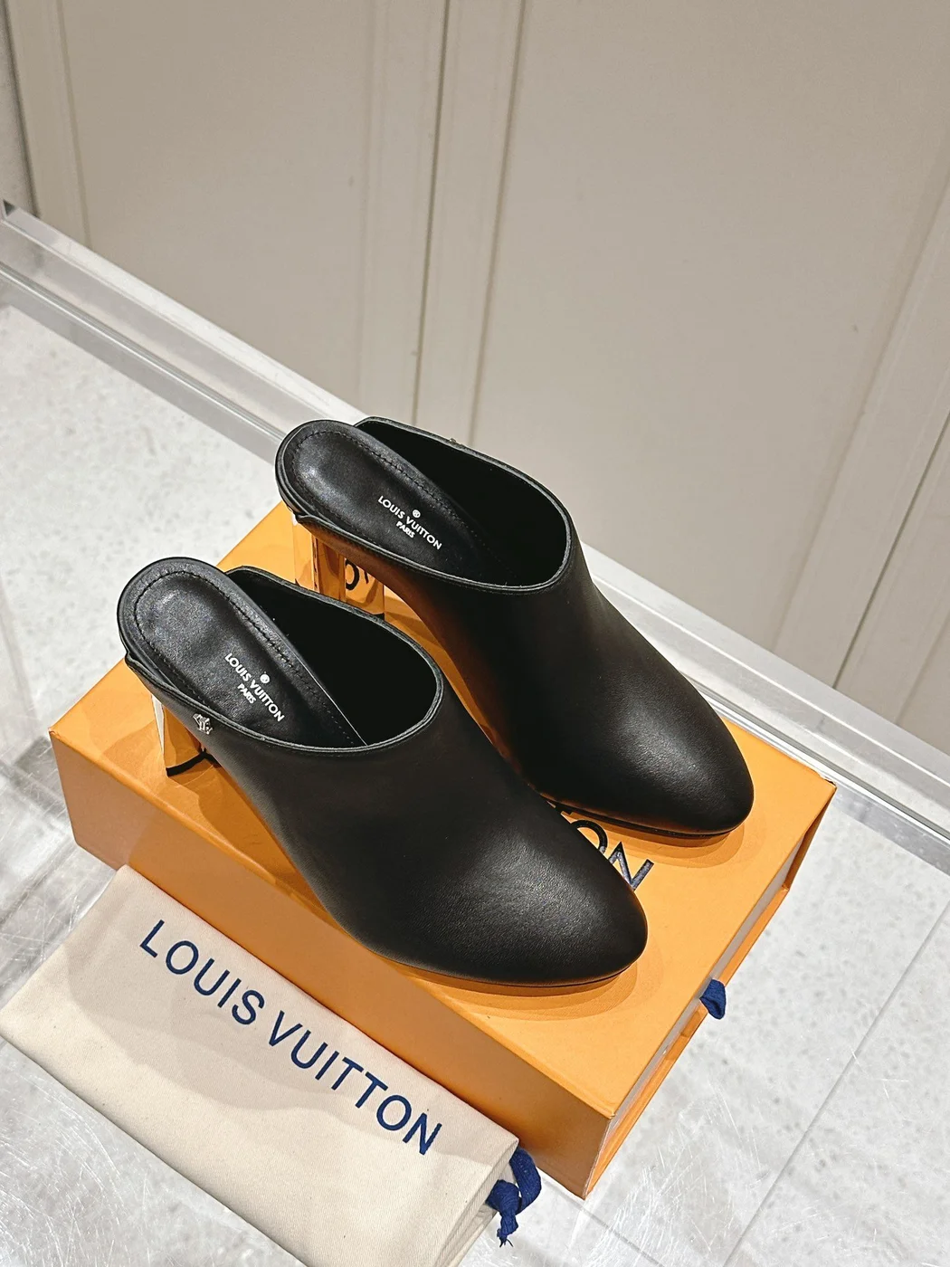 Louis Vuitton Women Black Leather Mules Heels product view 3