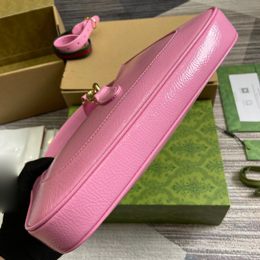 Gucci Jackie Small Shoulder Bag 27 In Pink Cracked Lacquer Calfskin Gold Hardware product view 6