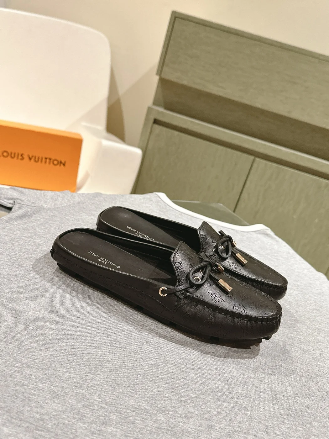 Louis Vuitton Women Black Leather Mules — Bow Detail product view 3