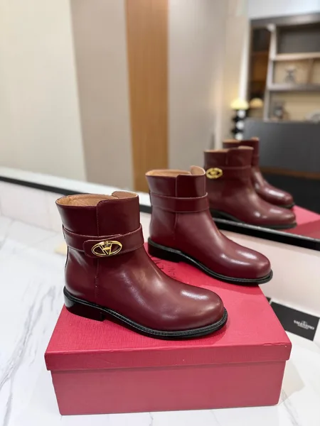 Valentino Women Burgundy Leather Ankle Boots product photo