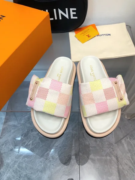 Louis Vuitton Women Pastel Checkered Fabric White Slide Sandals product photo