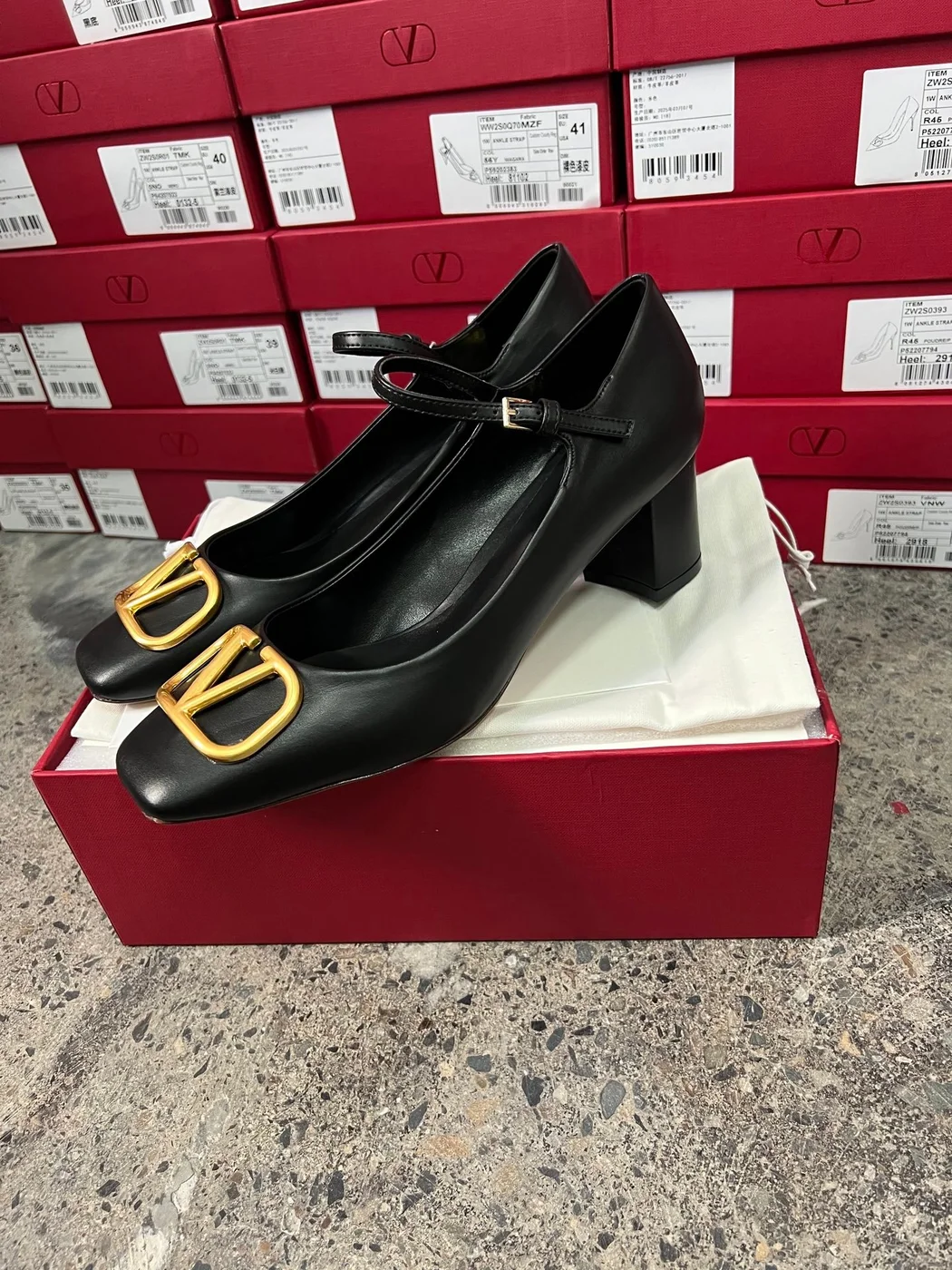 Valentino Women Black Mary Jane Heels with Gold-Tone VLogo Detail product view 2