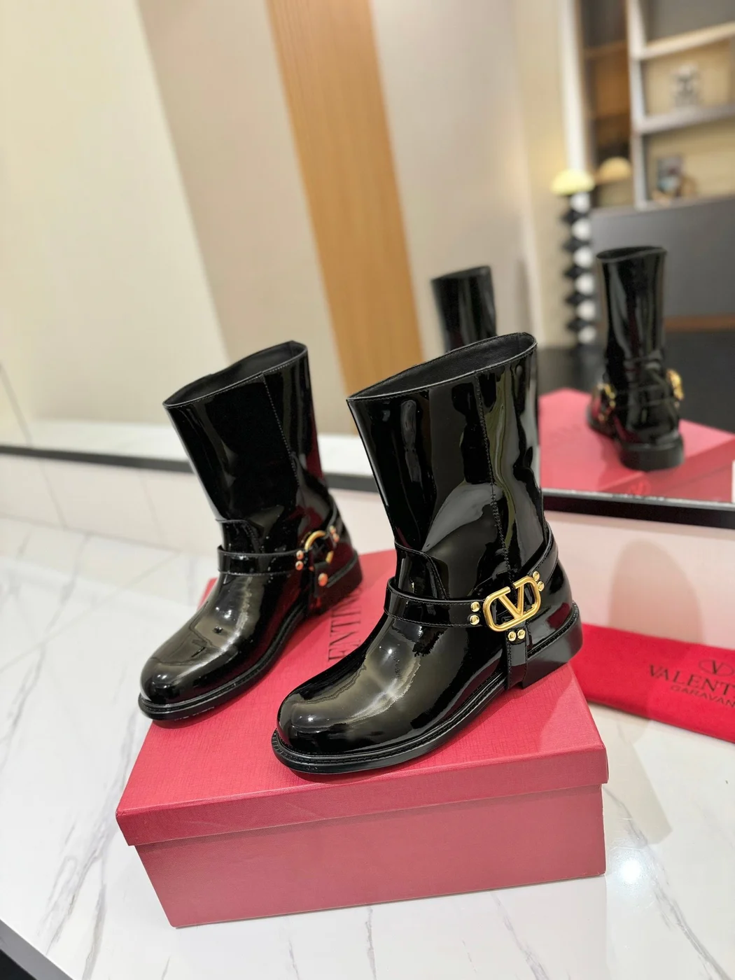 Valentino Women Black Patent Leather Boots — VLogo Ankle-Strap Style product view 3