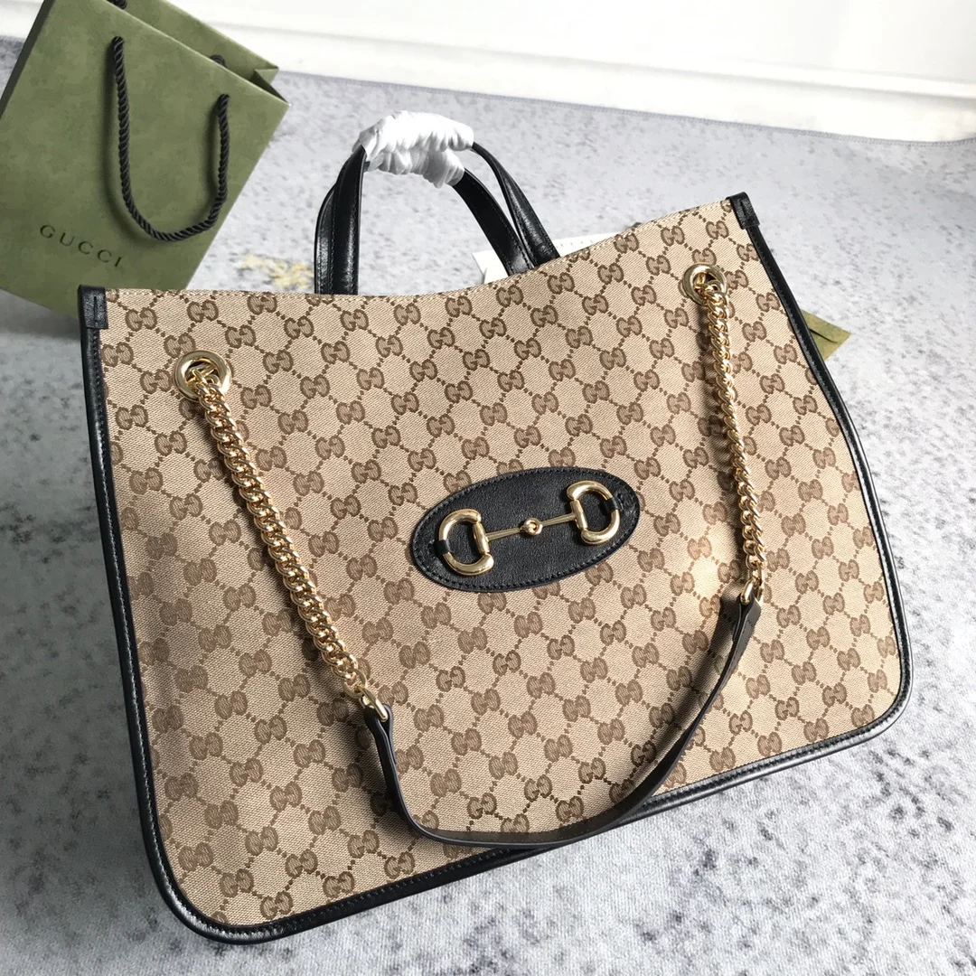Gucci Brown Large GG Canvas 1955 Horsebit Chain Tote Beige product view 2