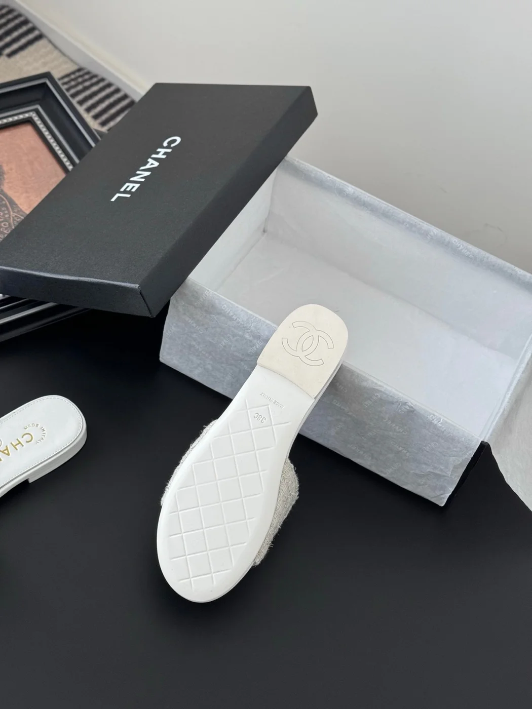 Chanel Women Beige Tweed Slides product view 4