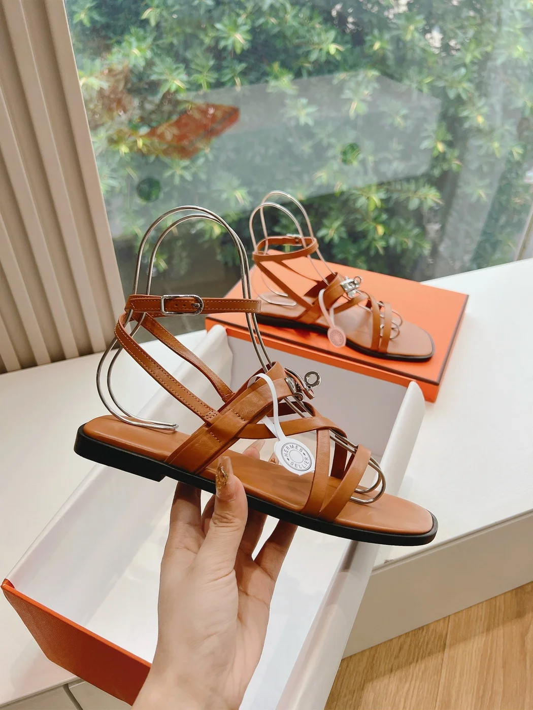 Hermès Women Tan Leather Strappy Sandals product view 5