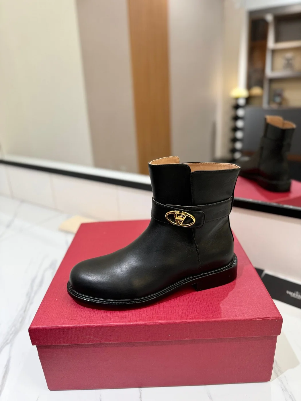 Valentino Women Black Leather Ankle Boots — Low-Heel Chain-Cuff Style product view 5