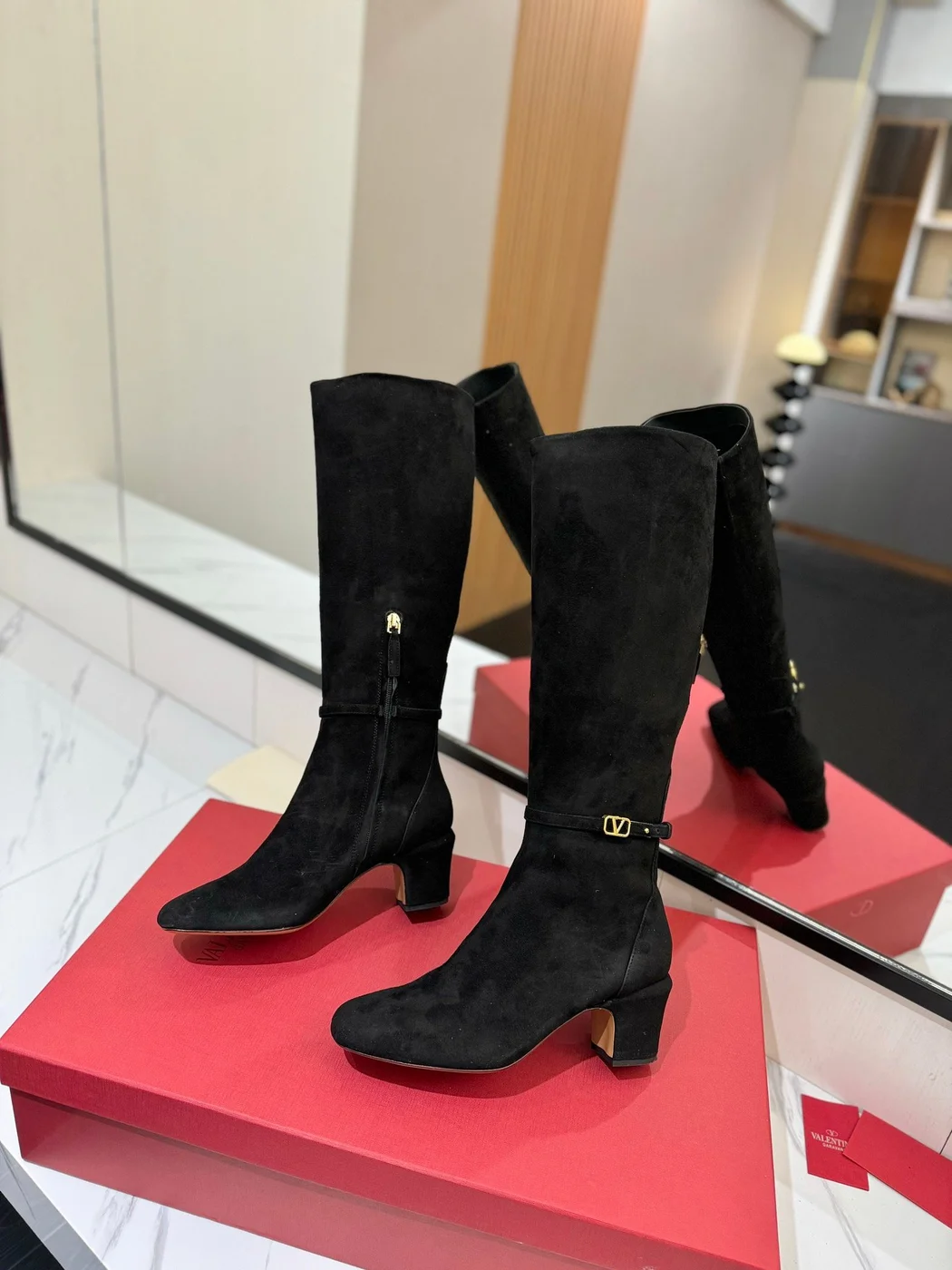 Valentino Women Black Suede Mid Heel Boots product view 6
