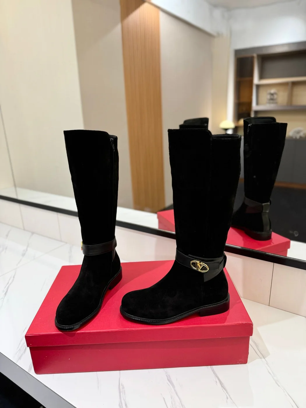 Valentino Women Black Suede Strap Boots — Knee Height product view 2