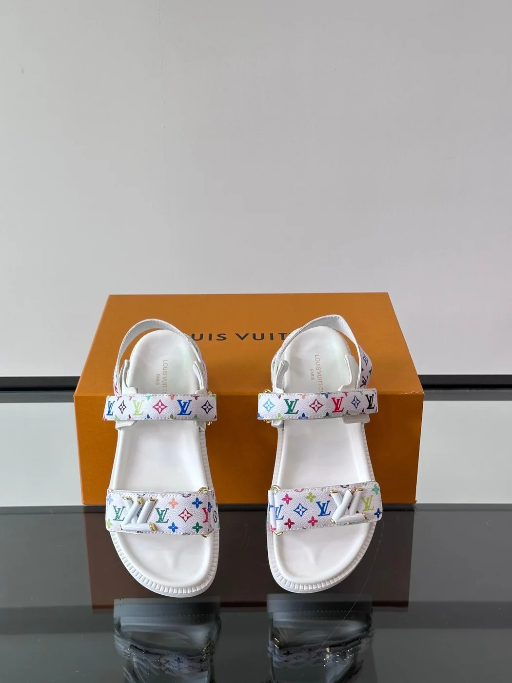 Louis Vuitton Men White Canvas Multicolor Logo Sandals product view 6