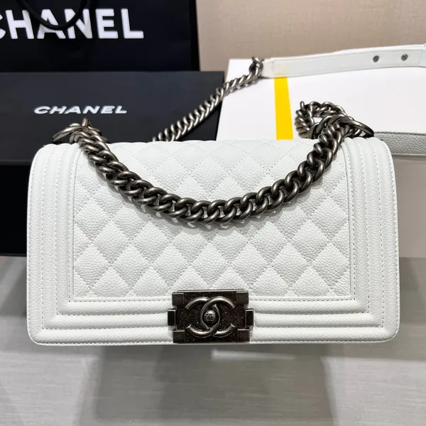 Chanel Boy Bag Medium 25 White Caviar Ruthenium Hardware product photo
