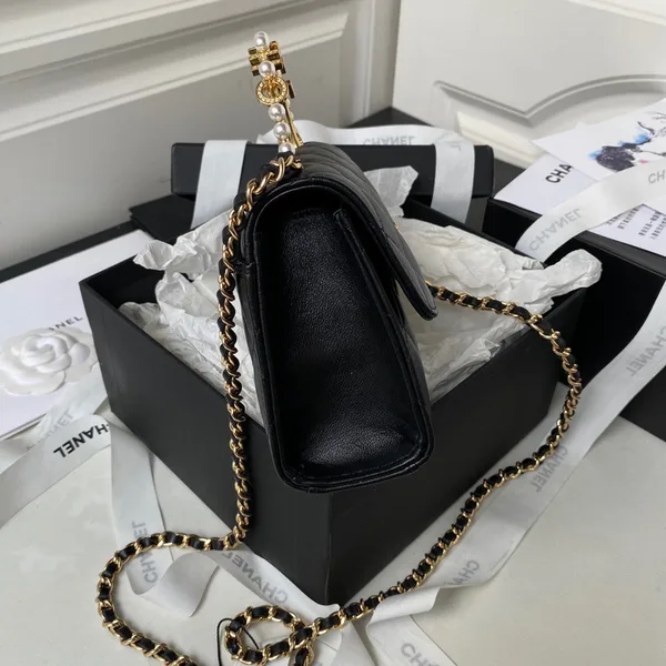 Chanel Woc Pearl Handle Plated Handbags Black Leather With Lock Gold .5×14.5×5.5 cm product view 8