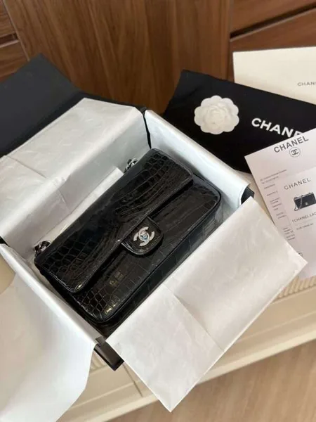 Chanel Classic Crocodile Skin Black Full Box With Lock Silver 25 cm Bag product photo