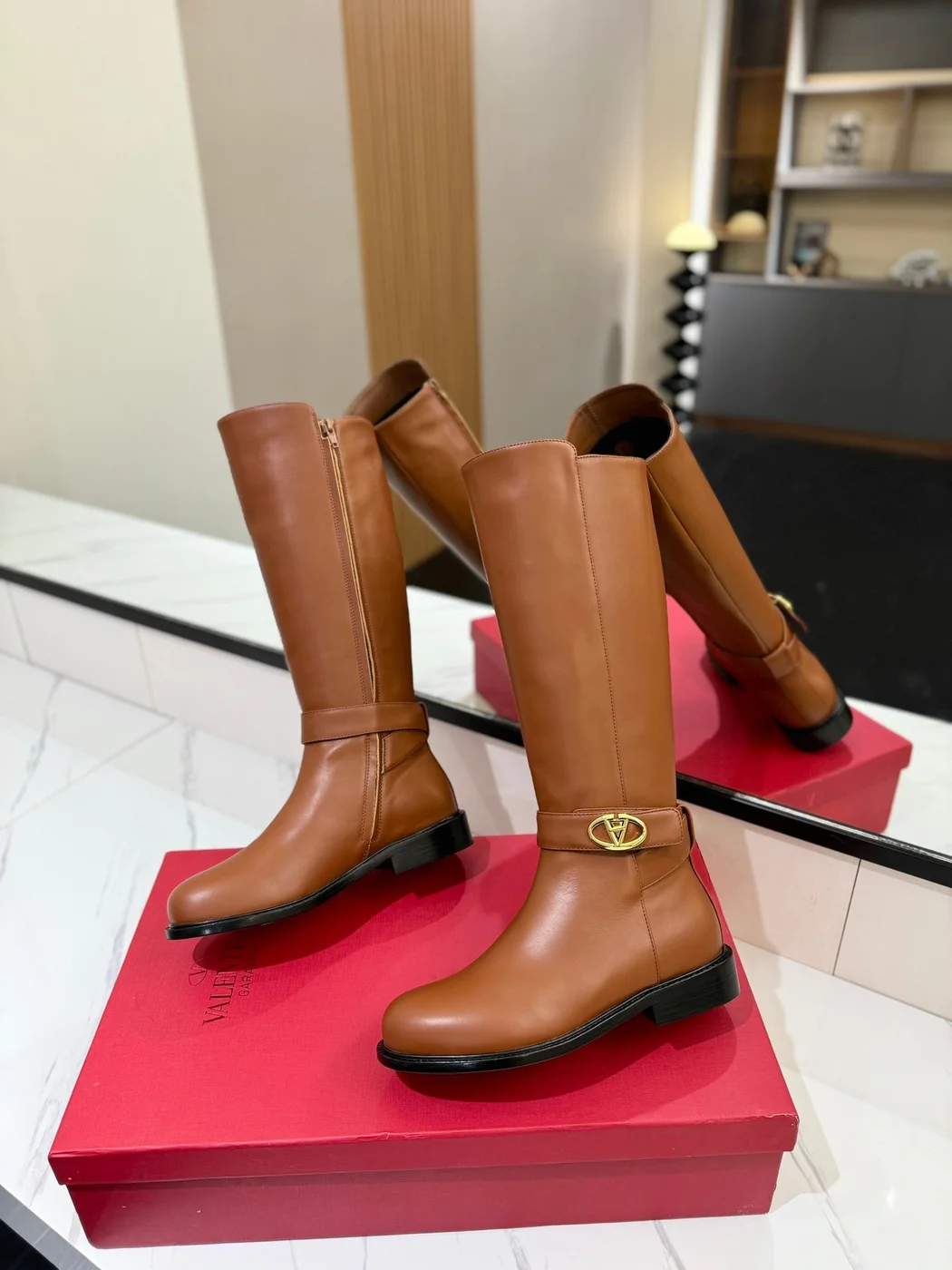 Valentino Women Brown Leather Knee High Boots — Ankle-Strap Detail product view 6