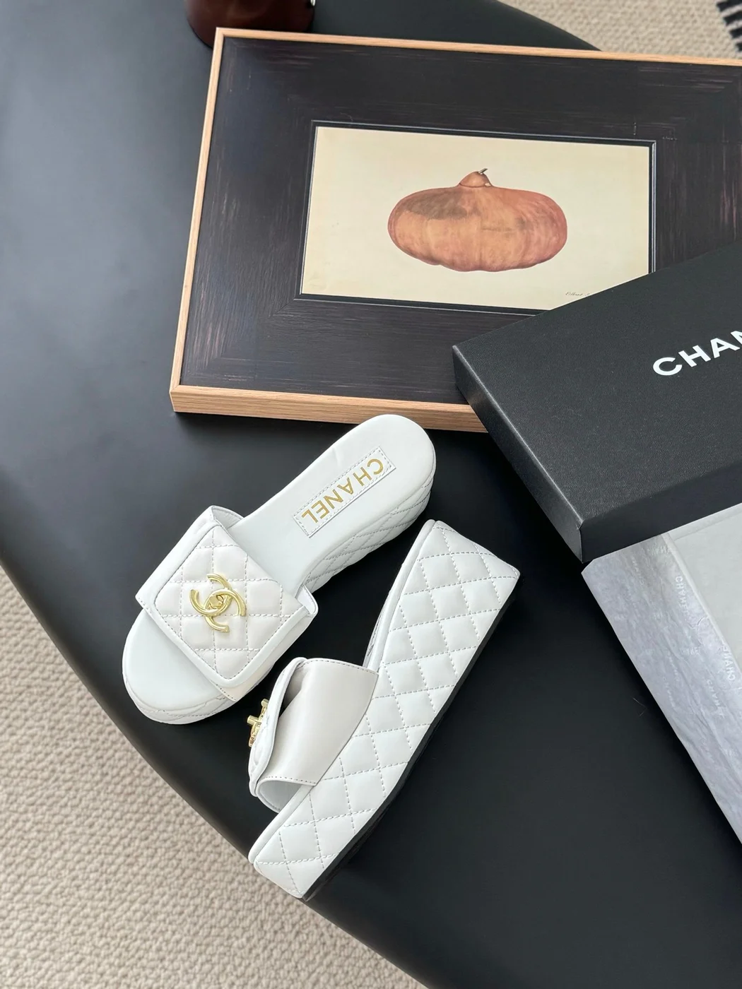 Chanel Women White Quilted Leather Slides — Gold-Tone CC Detail product view 4