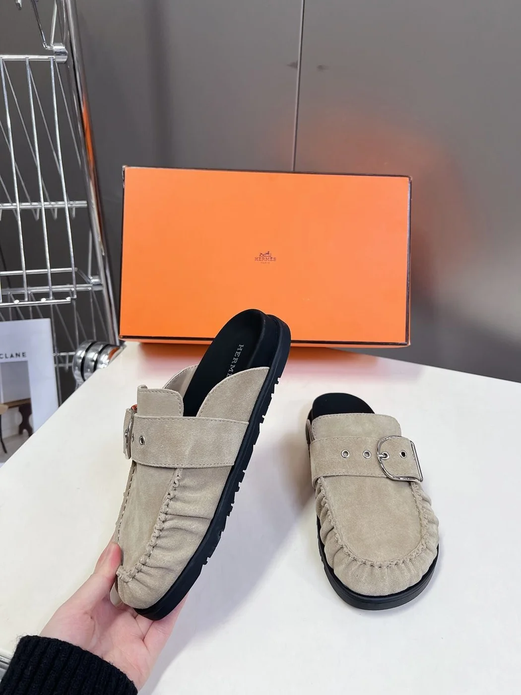 Hermès Women Suede Buckle Mules — Taupe product view 3