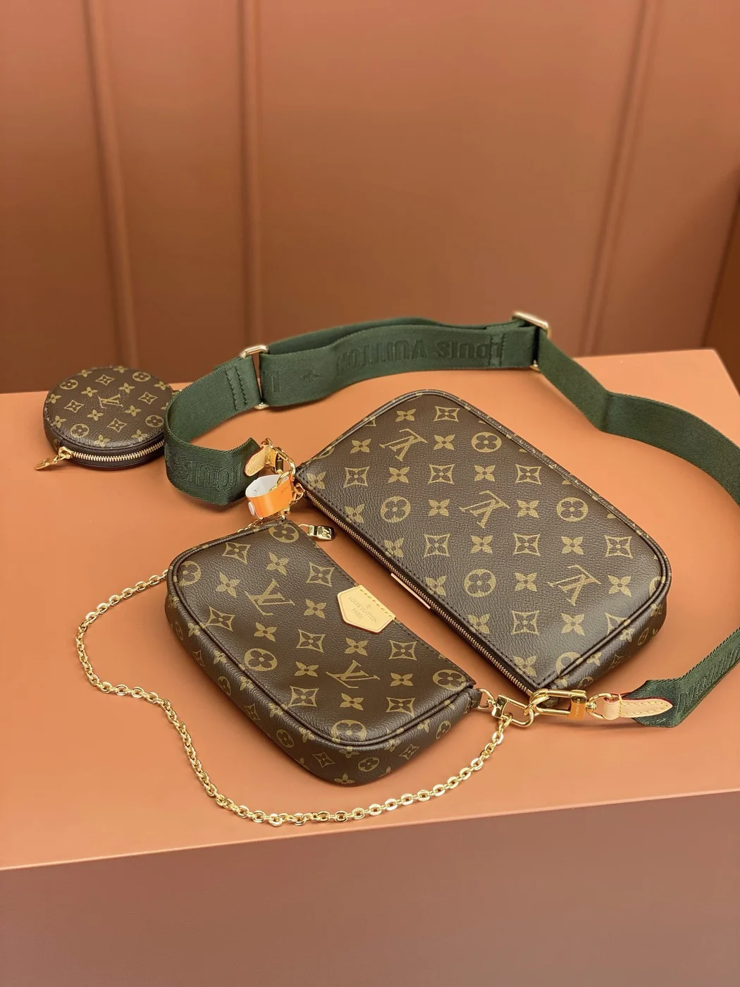 Louis Vuitton Multi Pochette Bag Brown Monogram with Green Strap product view 2