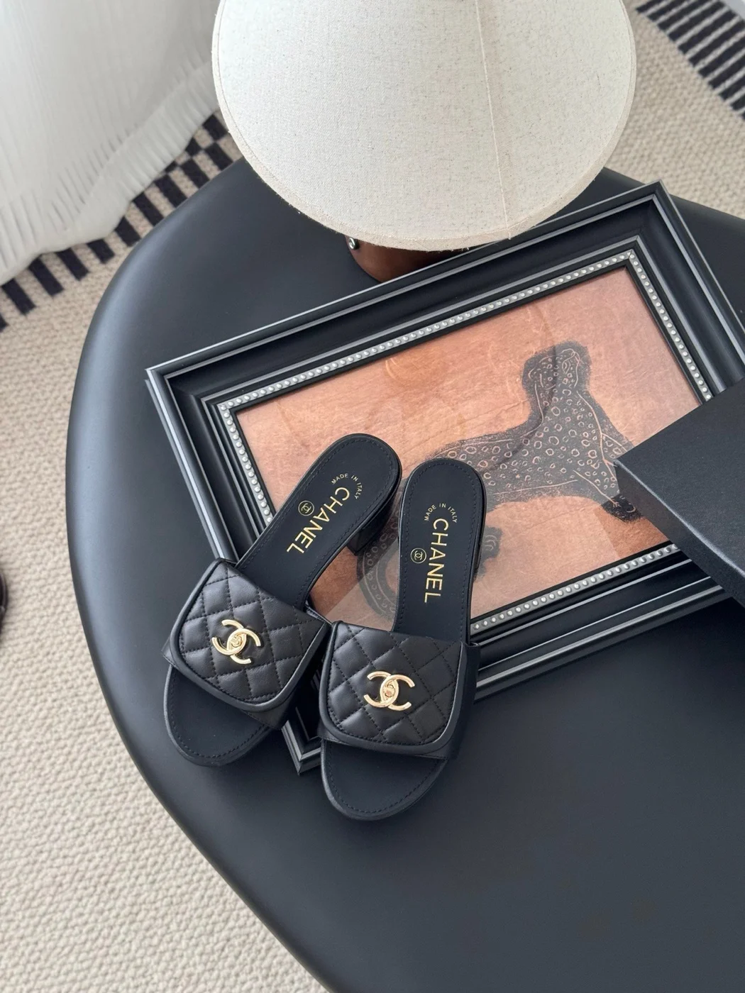 Chanel Women Black Quilted Leather Slides — Chain-Woven CC Detail product view 2