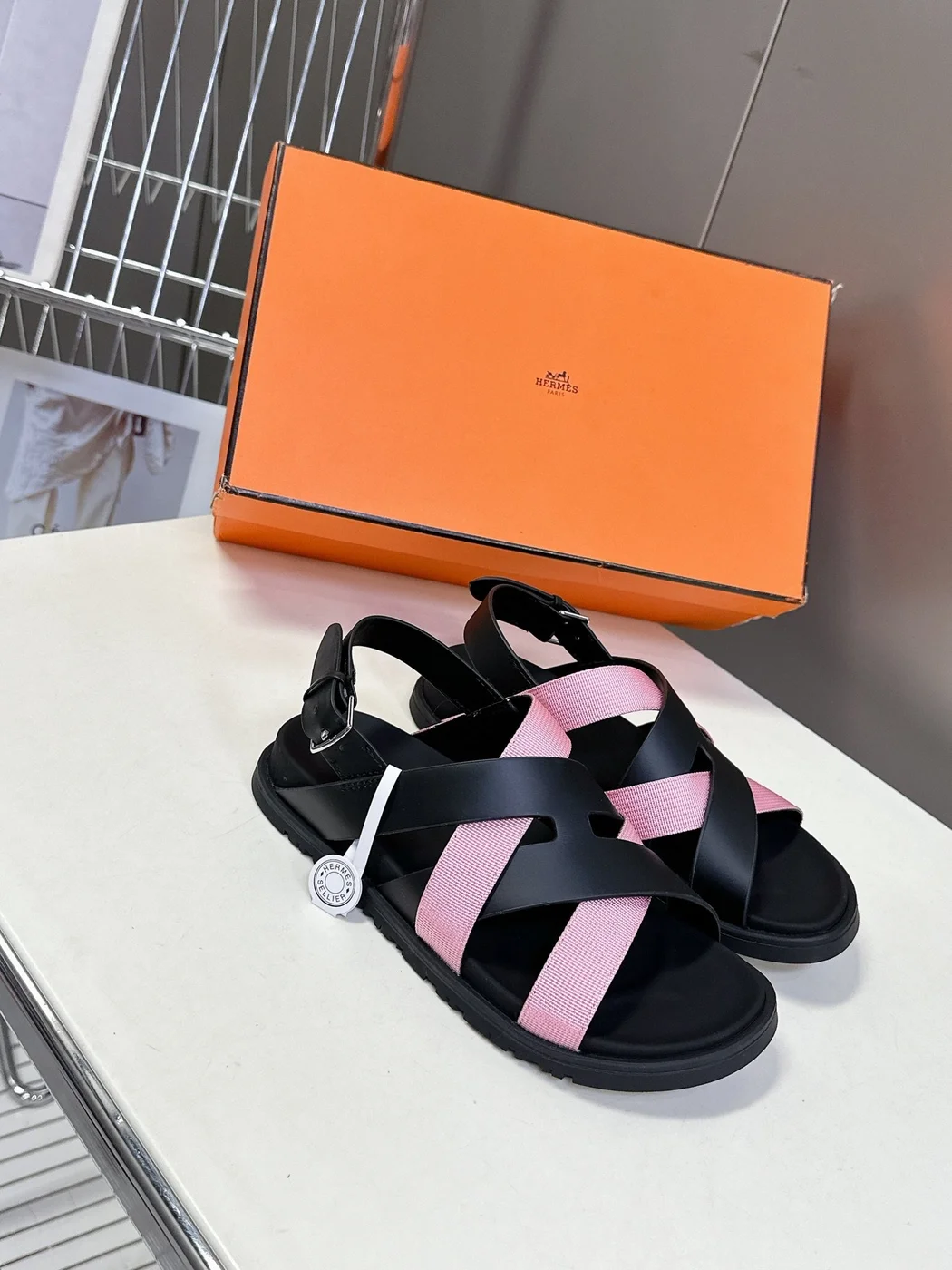 Hermès Women Black Pink Leather Strappy Sandals product view 3