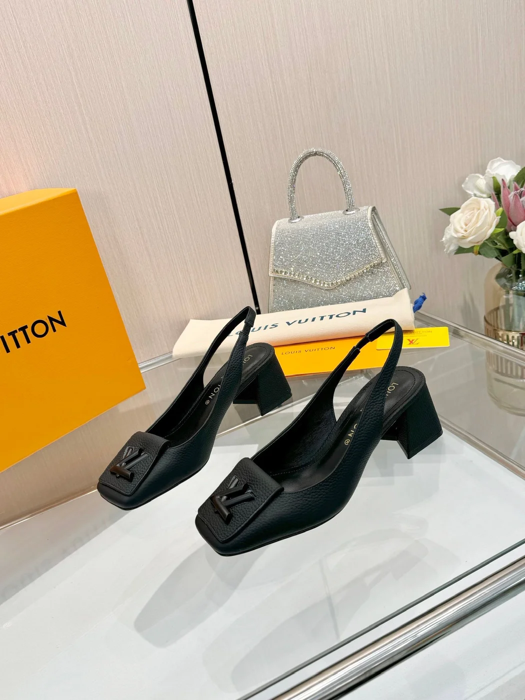 Louis Vuitton Women Black Leather Slingback Heels — Square-Toe Style product view 1