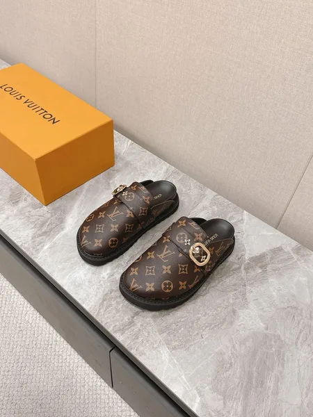 Louis Vuitton Women Brown Leather Monogram Mules — Round Gold-Tone Buckle Detail product photo