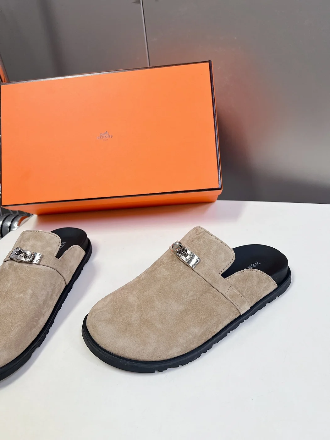 Hermès Women Beige Suede Mules — Rounded Toe with Black Sole product view 4