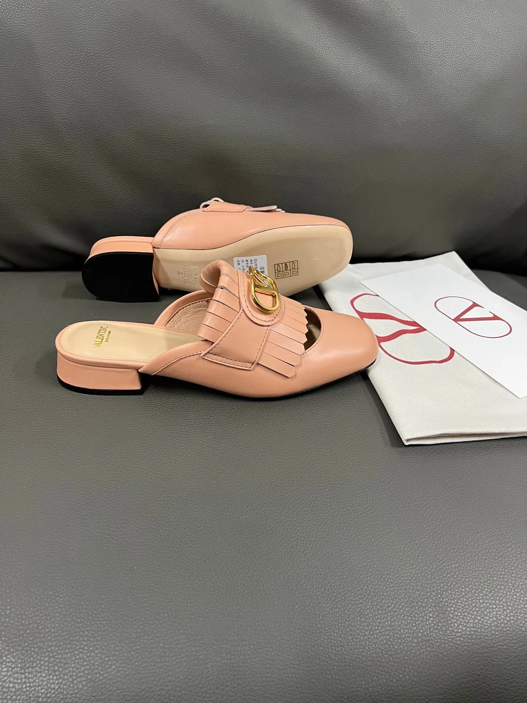 Valentino Women Peach Pink Leather Fringe Mules product view 3