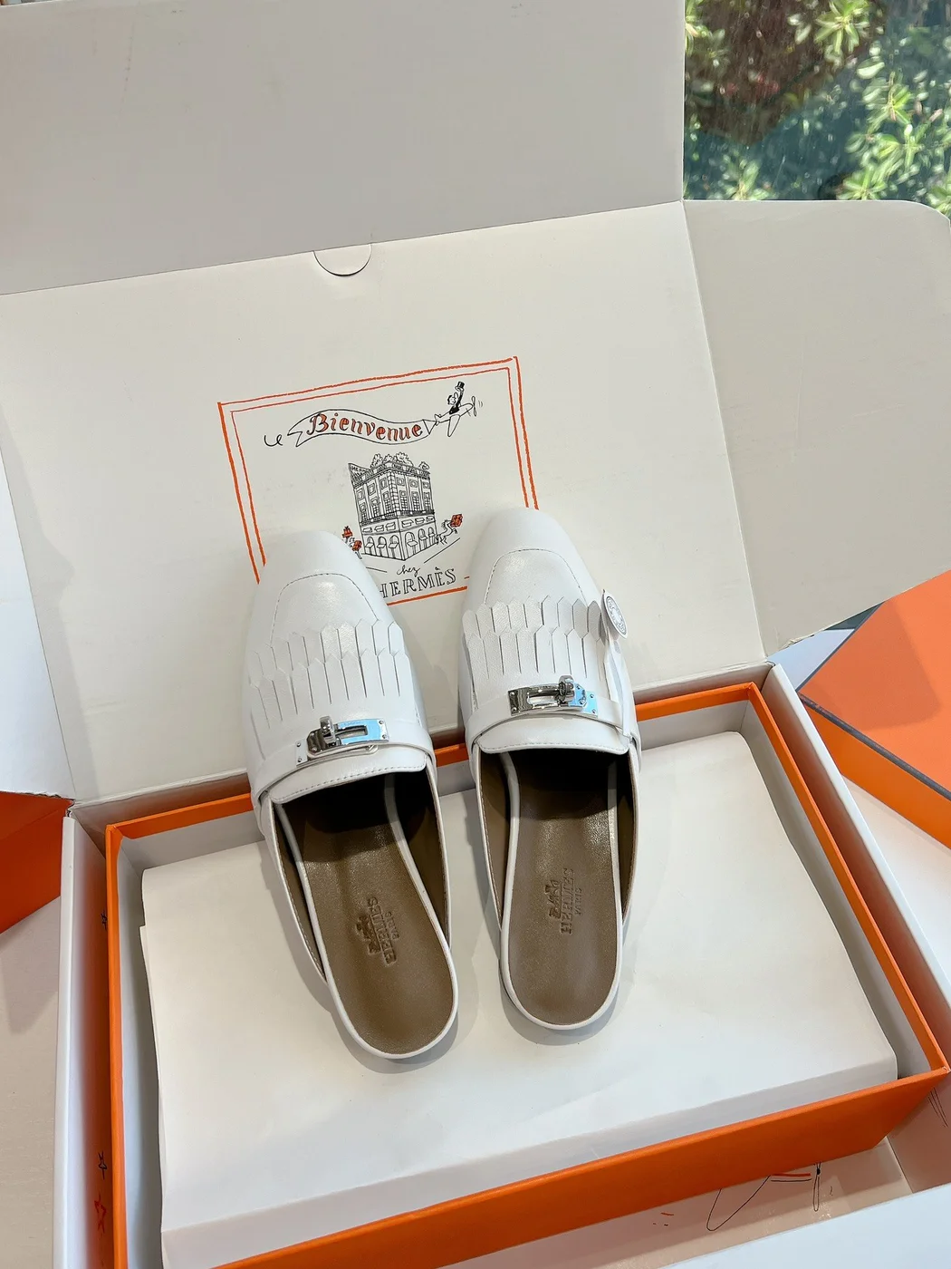 Hermès Women White Leather Fringe Mules product view 4