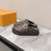 Louis Vuitton Women Brown Leather Monogram Mules — Round Gold-Tone Buckle Detail product view 5
