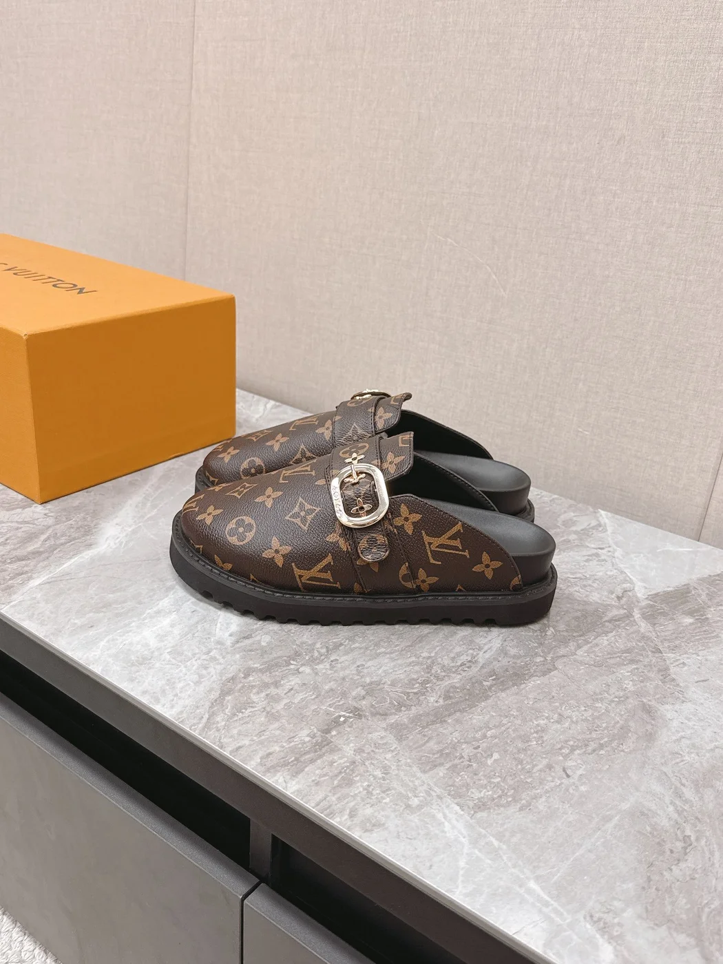 Louis Vuitton Women Brown Leather Monogram Mules — Round Gold-Tone Buckle Detail product view 5