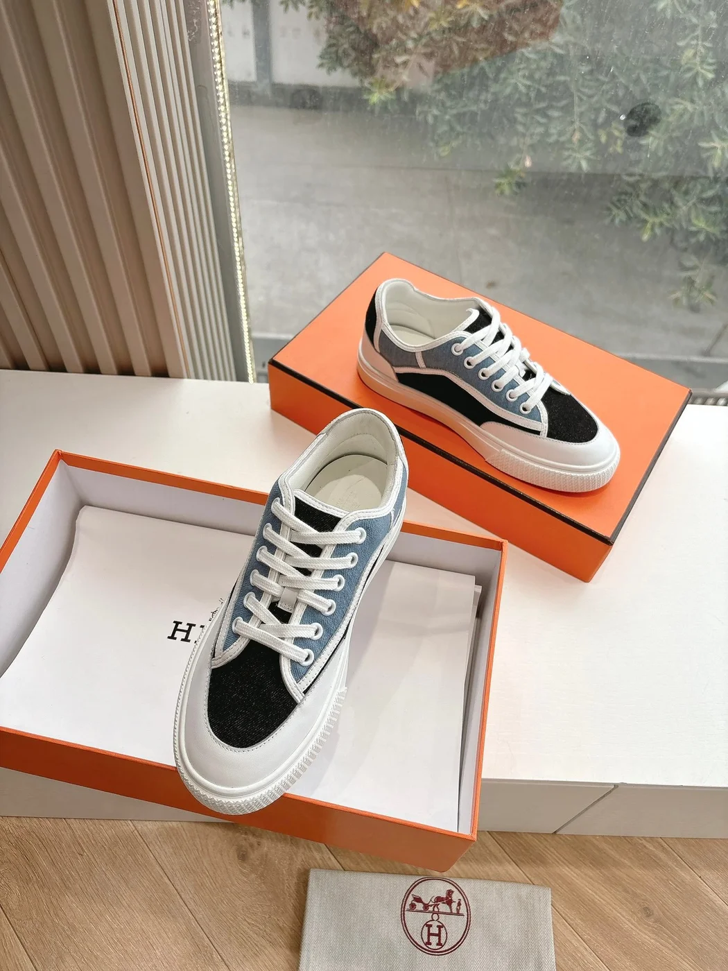 Hermès Women Black Blue Canvas And Leather Sneakers product view 3