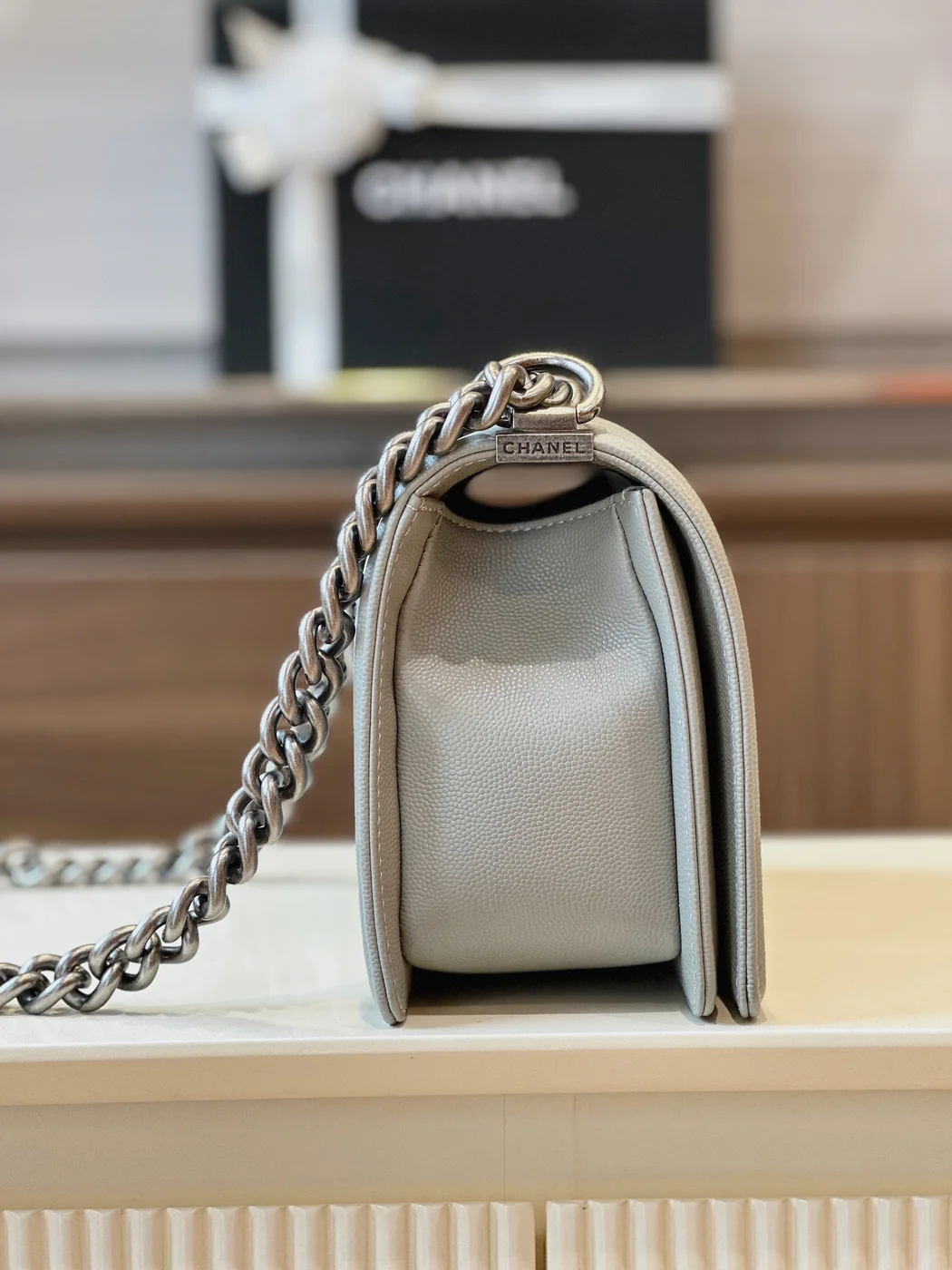 Chanel Boy Medium Handbags Grey Leather With Silver Lock 25 cm product view 4