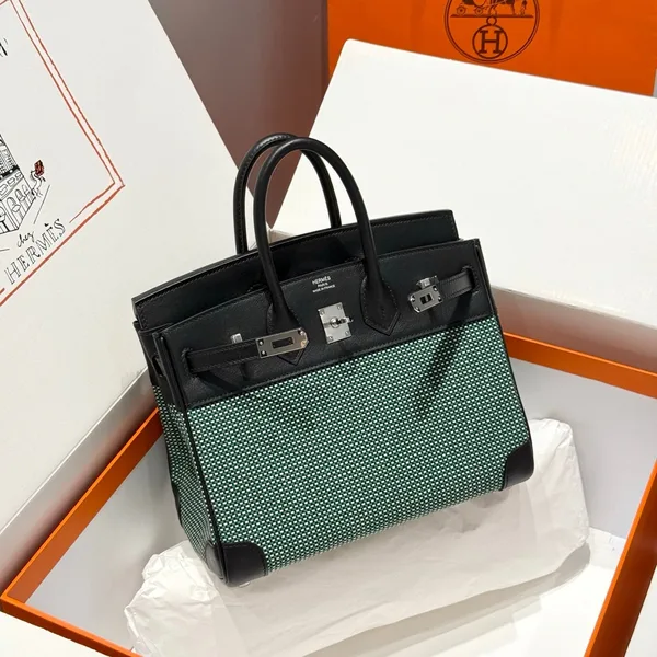 Hermès Birkin 25 cm In Black Swift Black/Mint/Blanc Toile Canvas (Custom-Made) Bag product photo
