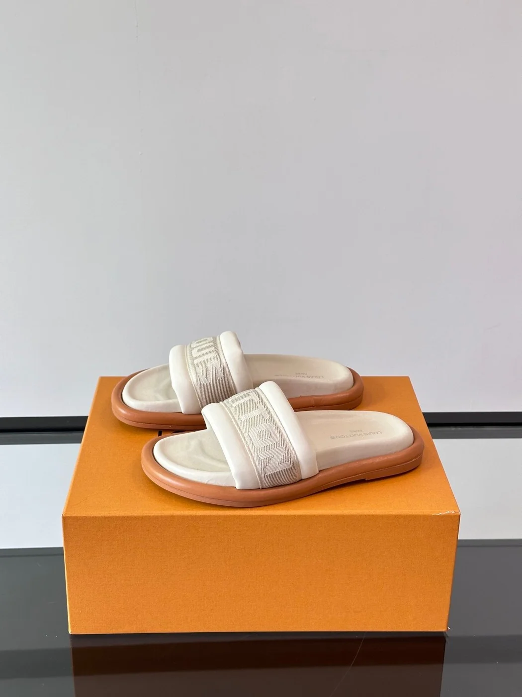 Louis Vuitton Men Beige Fabric Slides With Brown Sole product view 3
