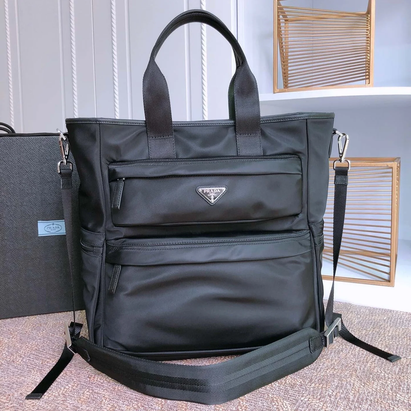 Prada Tote Bag 38 In Black Re-Nylon And Saffiano Leather Trim product view 1