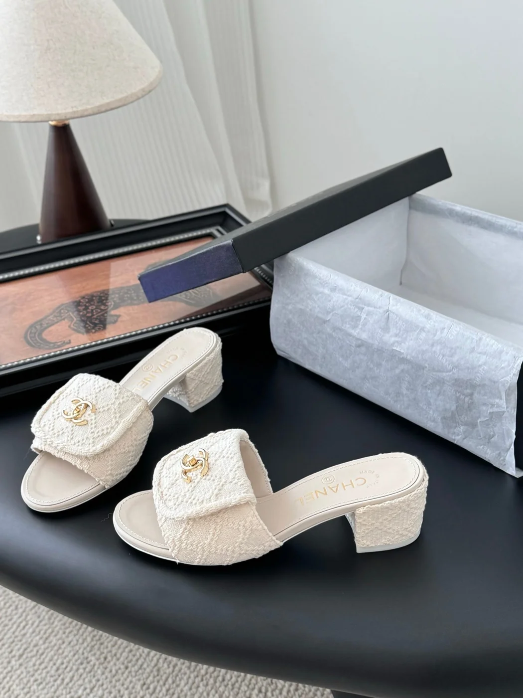 Chanel Women Cream Slides — Gold-Tone CC Detail product view 2