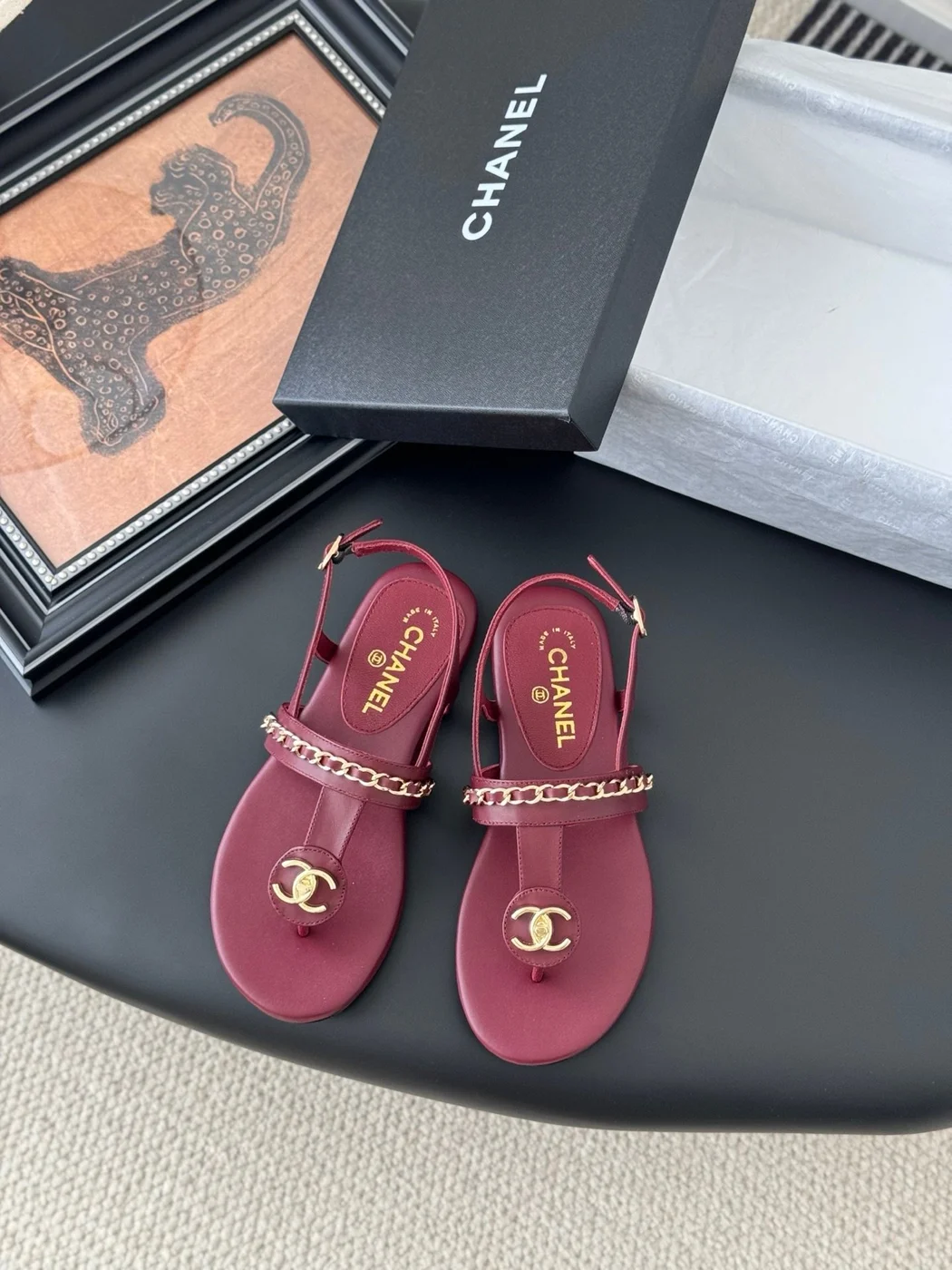 Chanel Women Burgundy Leather Sandals product view 1
