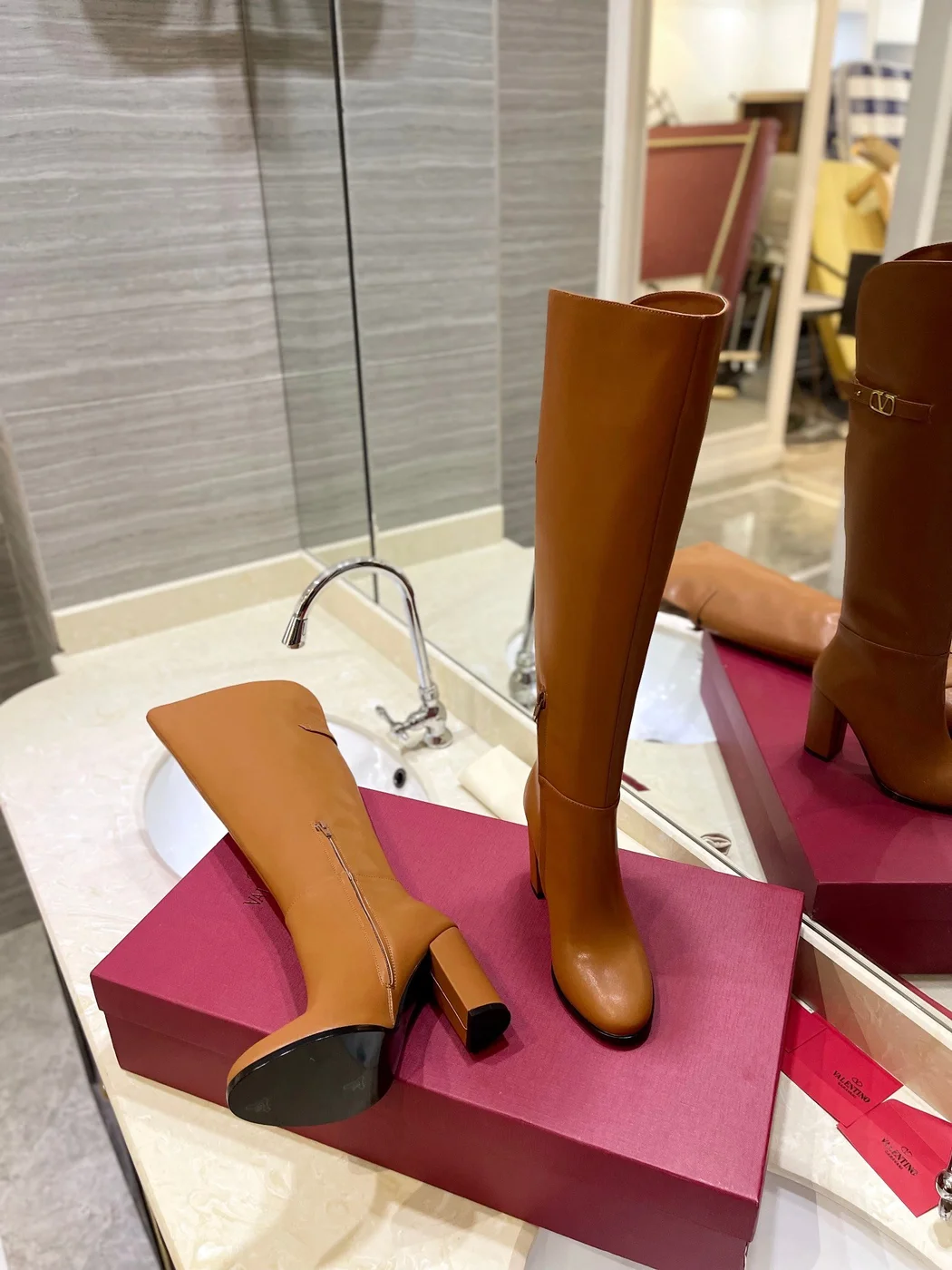 Valentino Women Brown Leather Knee High Boots — Upper-Shaft Buckle Detail product view 2