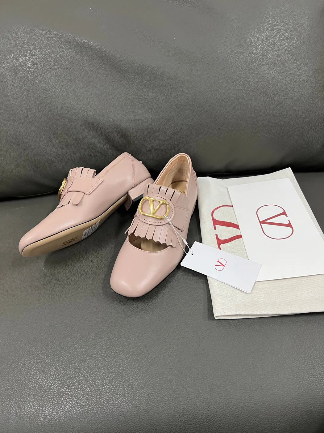Valentino Women Blush Pink Leather Fringe Loafers product view 3
