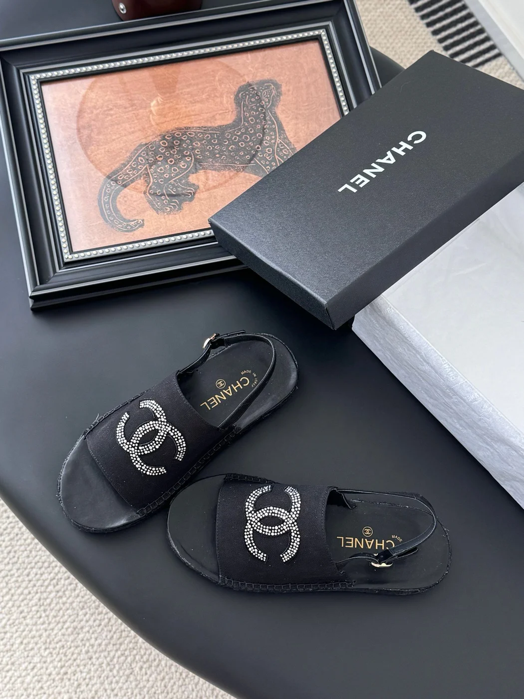 Chanel Women Black Fabric Logo Embellished Sandals product view 6