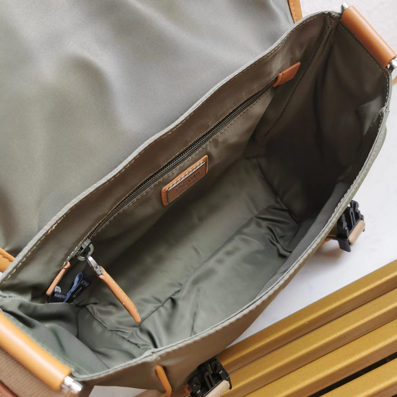 Prada Messenger Bag 20 In Khaki Green Re-Nylon And Brown Calfskin Trim product view 9