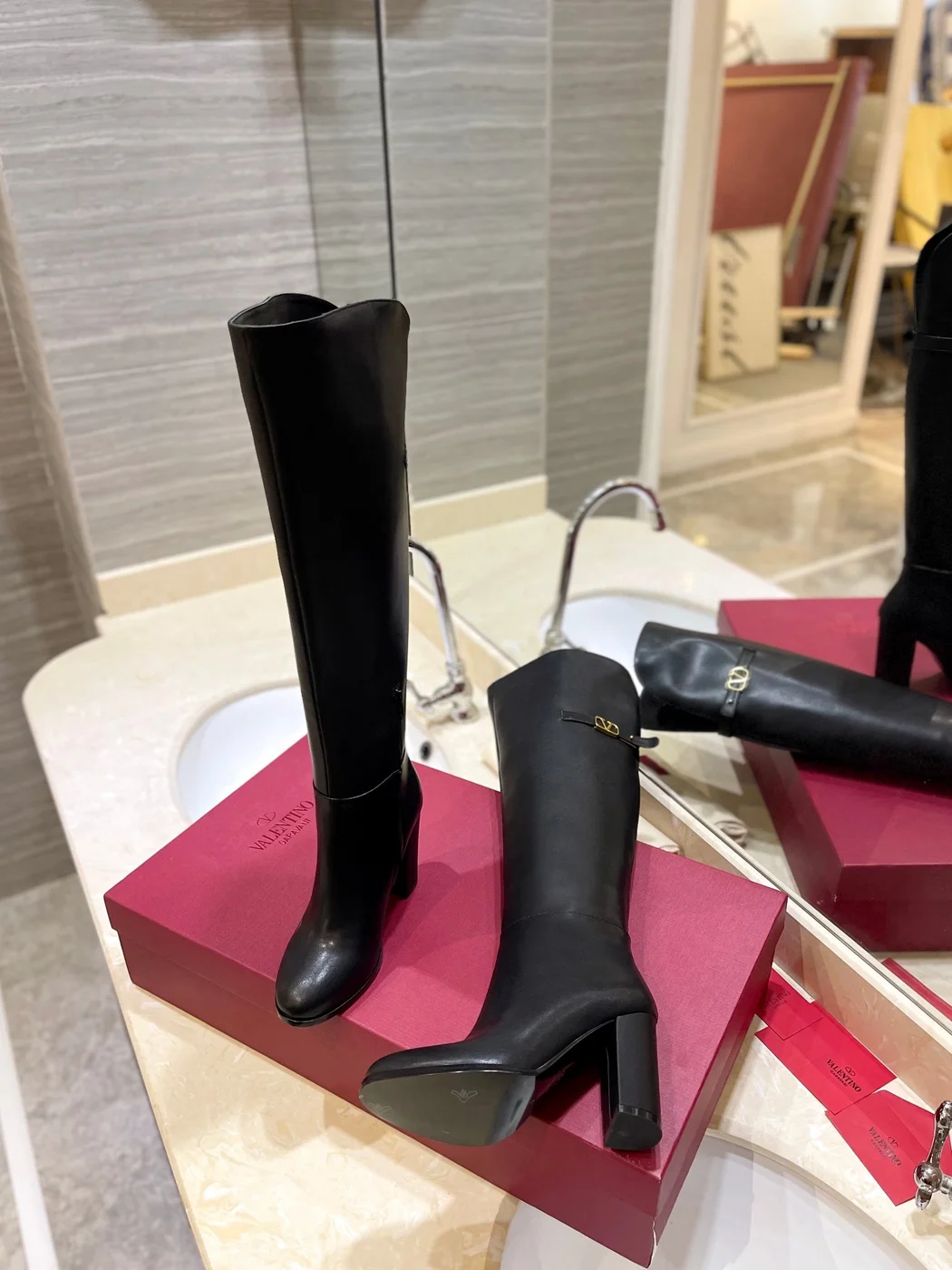 Valentino Women Black Leather High Heel Boots product view 6