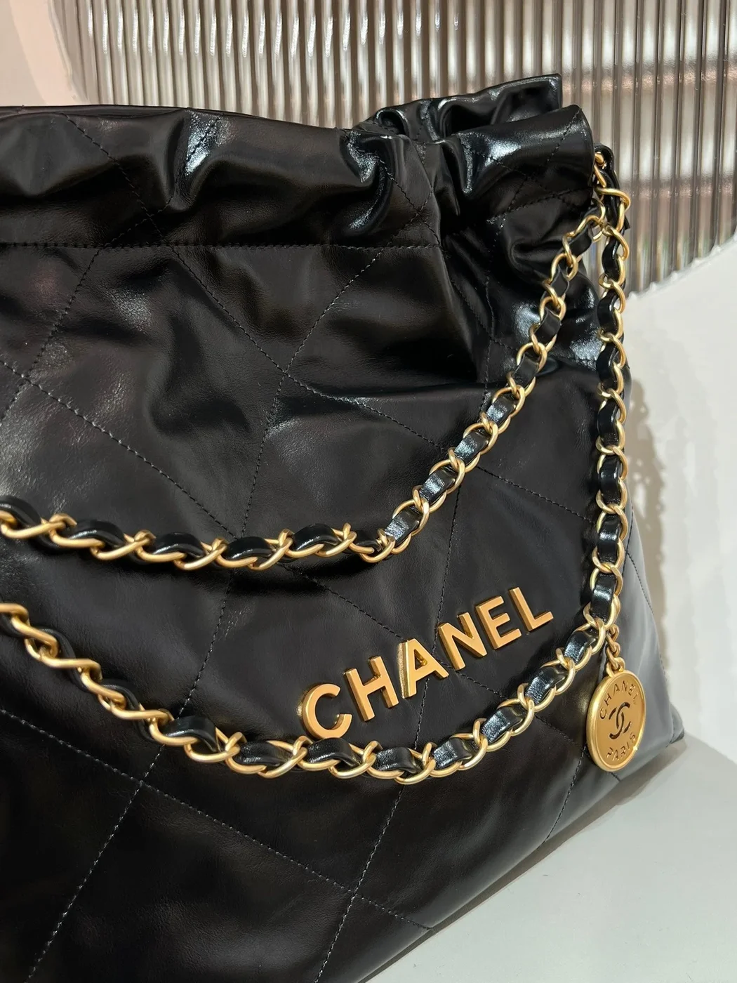 Chanel 22 Bag Small Gold & Black Lambskin Leather product view 5