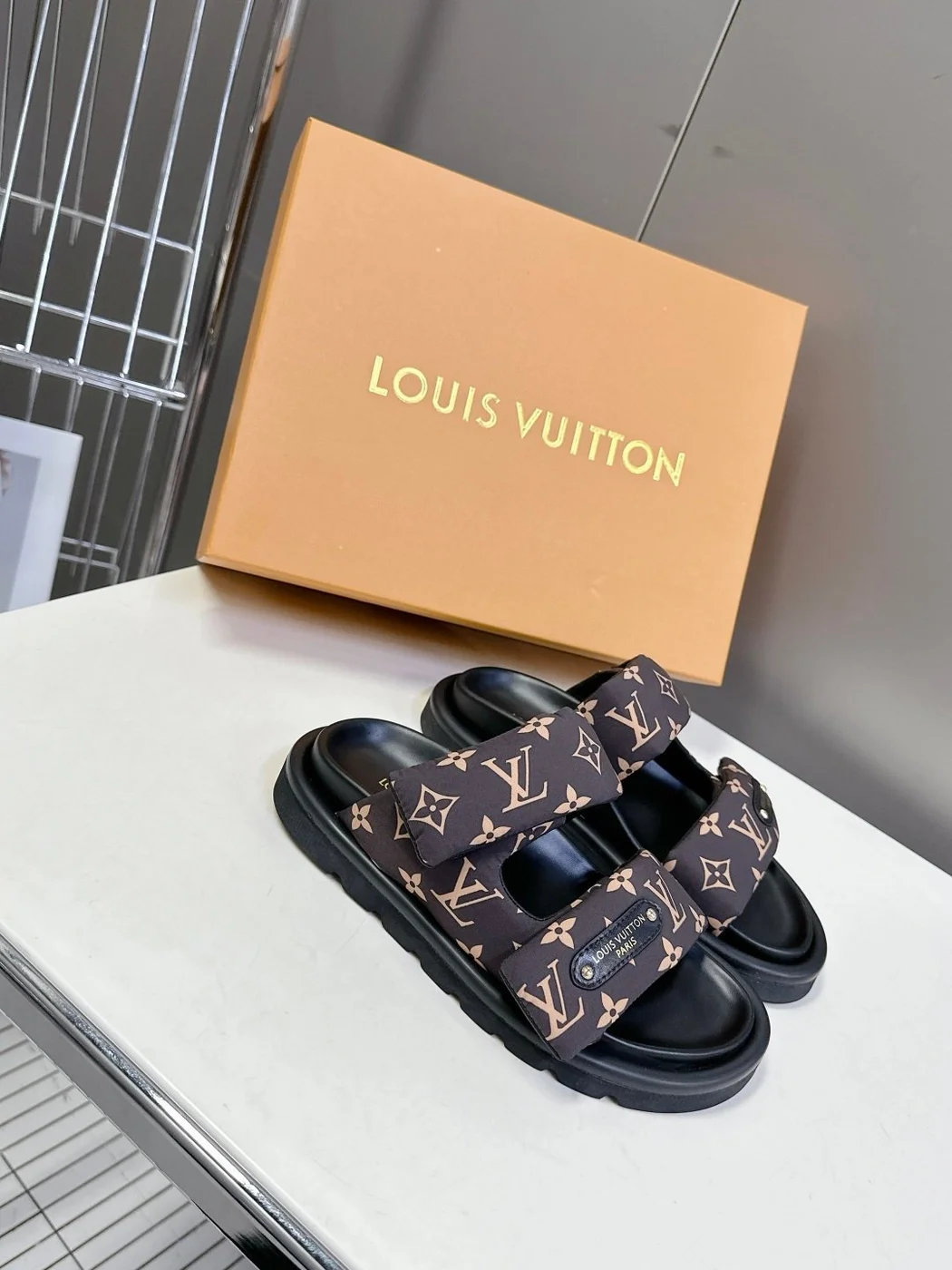 Louis Vuitton Women Black Brown Patterned Fabric Sandals product view 3