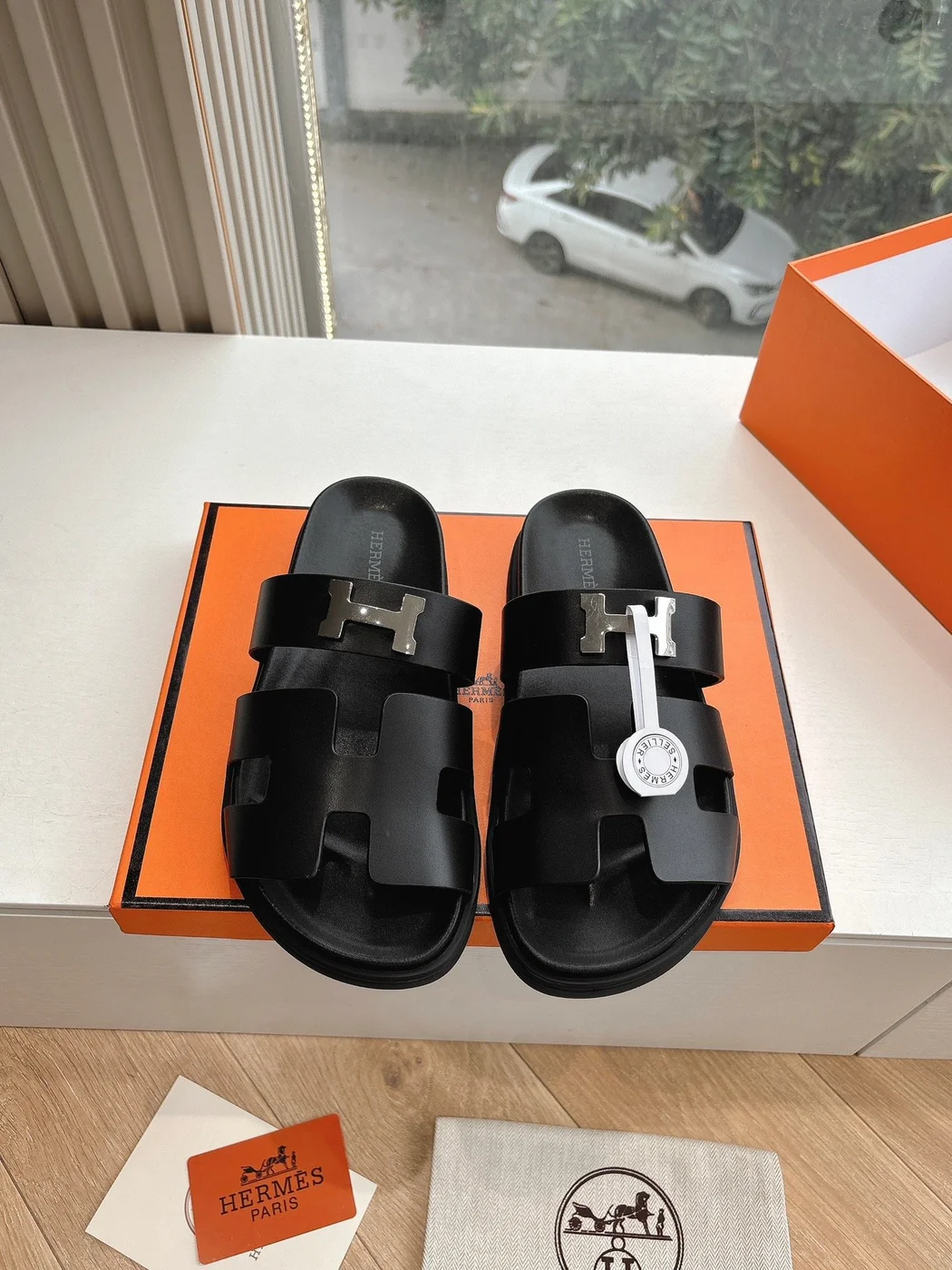 Hermès Women Black Leather Sandals — H-Strap Slides product view 1