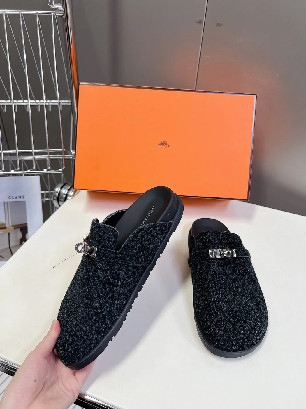Hermès Women Black Fuzzy Fabric Mules product view 3