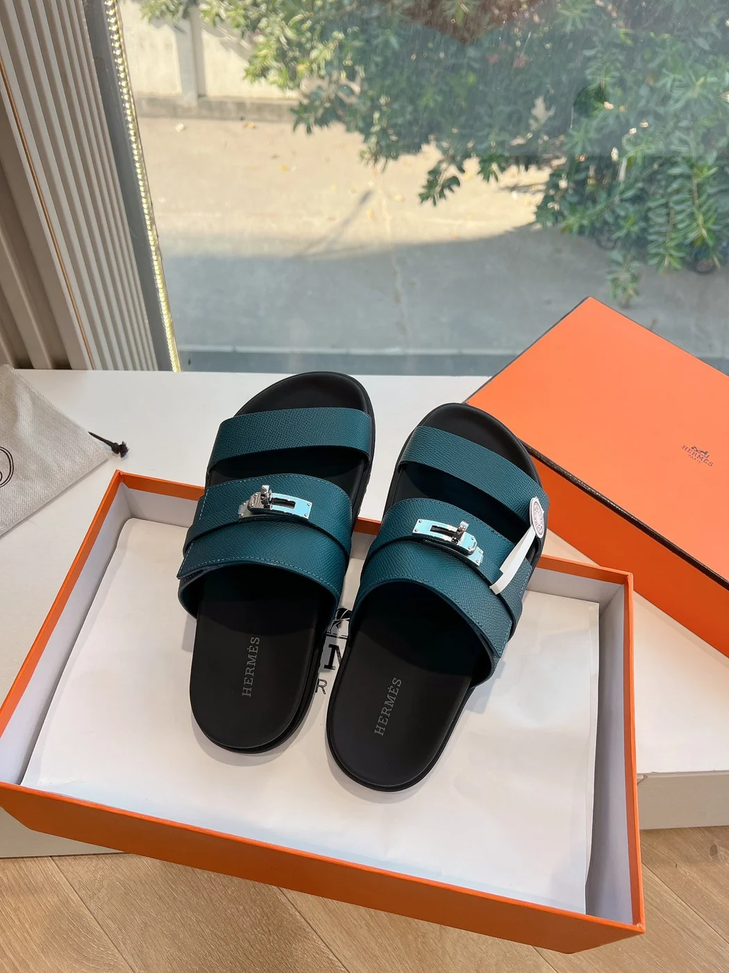 Hermès Women Green Sandals — Dark Teal Wide-Strap product view 3